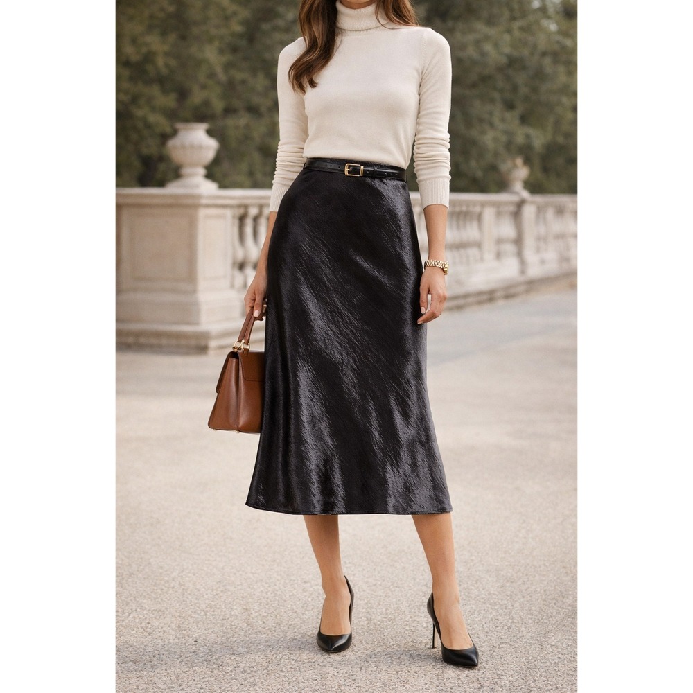 Adrienne M Silky Satin Charmeuse Midi Skirt Luxury Old Money Interview Timeless - Picture 1 of 8